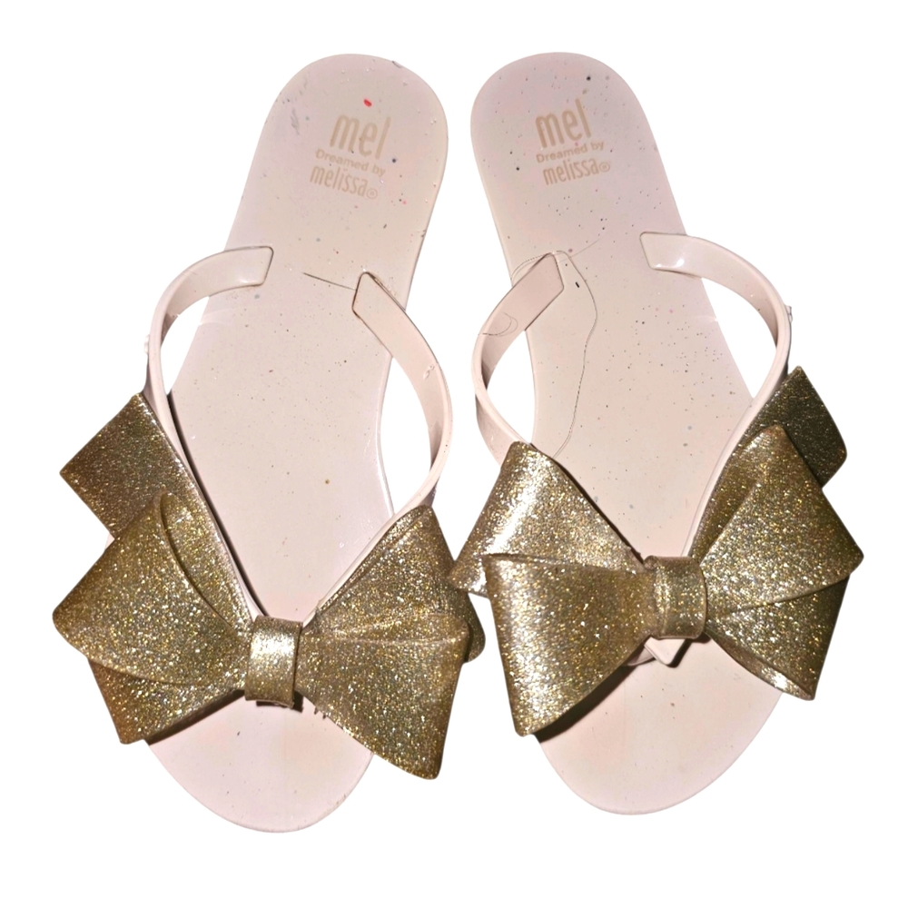 Mel By Melissa Kids Glittery Gold Bow Flip Flops